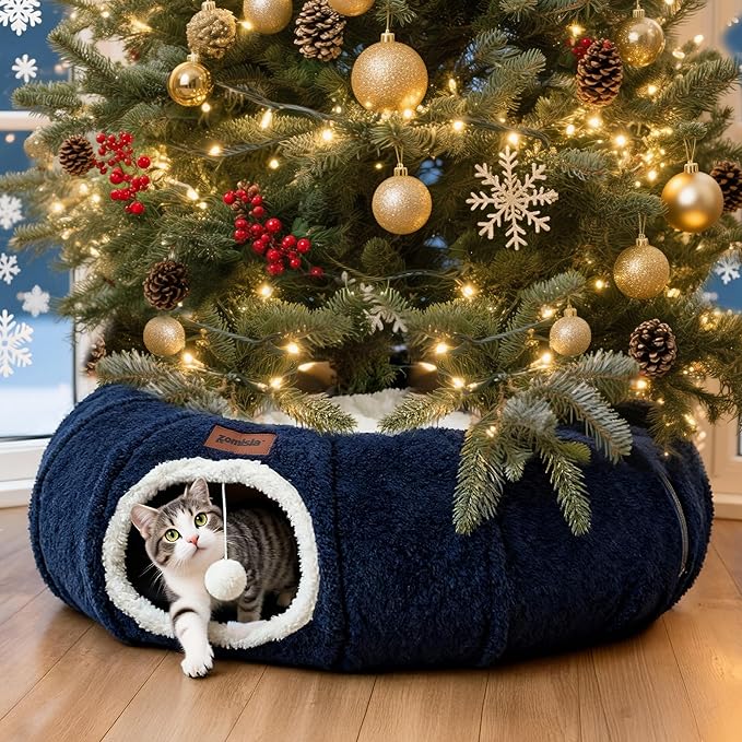 ZOMISA Cat Tunnel Bed for Indoor Cats, Cute Cat Donut Toy Tunnel for Small Large Cats with Washable Circle Cushion, Peekaboo Pet Cave Play Tunnel for Kitten, Puppy, Navy Blue