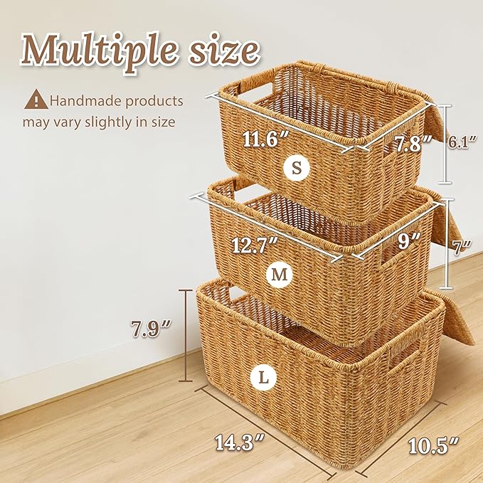 Baskets with Handles, Wicker Storage, Shelf Boxes for Organizing, Stackable Woven Bins, Decorative Lidded Resin, Set of 3, Amber