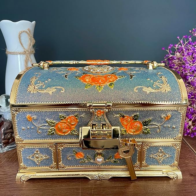 Retro Jewelry Box Arched Vintage Rectangular Metal Chest Necklace Ring Earrings Storage Case for Women Girls (Golden Starlight Blue-purple, XL Lock)