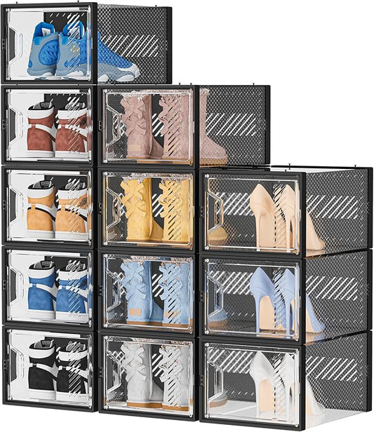 Shoe Storage, 12 Pack X-Large Shoe Organizer for Closet, Shoe Boxes Clear Plastic Stackable Shoe Storage Boxes for Size 13