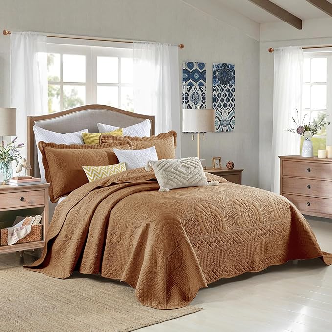 MarCielo 3-Piece 100% Cotton Oversized Bedspread Lightweight Quilt Coverlet Embroidery Farmhouse Bedding Set (Tf Dusty Orange, Oversized King (118"x106"))