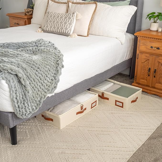 OrganiHaus Under Bed Storage Containers, Bedroom Storage and Organization Bins, Clothes Organizer for Closet with Clear Cover and Reinforced Handles - Set of 2 23.5x12.5x5 inches Off-White