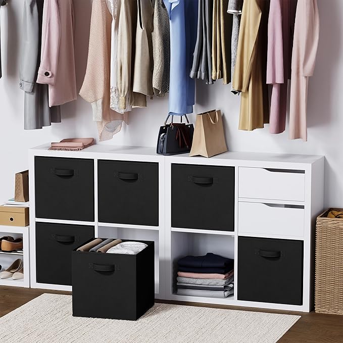 NEATERIZE Fabric Storage Cubes - 6 Pack Heavy Duty Solid Black Bins - 13 Inch Cube Organizer, Use As A Clothes Storage Box In Closet, Baskets For Shelves or Cubbies