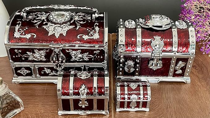 Retro Jewelry Box Arched Vintage Rectangular Metal Chest Necklace Ring Earrings Storage Case for Women Girls (Chrome Transparent Red, M)