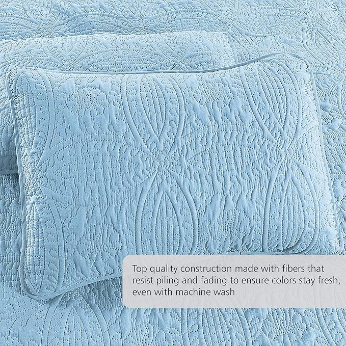 Quilt Set King/Cal King/California King Size Sky Blue - Oversized Bedspread - Soft Microfiber Lightweight Coverlet for All Season - 3 Piece Includes 1 Quilt and 2 Shams, Geometric Pattern