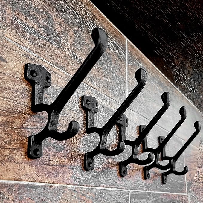 5 Pack Decorative Cast Iron Heavy Duty Double Hooks, Wall Mounted Coat Hooks, Vintage Inspired (Antique Black) (Type-7 Type)