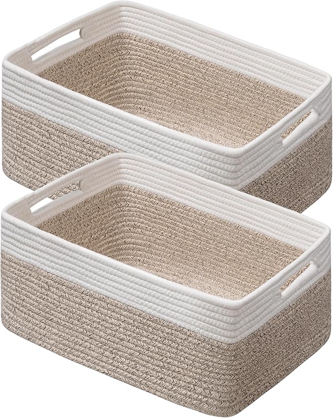 UBBCARE 2 Pack Large Woven Storage Baskets for Organizing, Clothes/Towel/Sweater Organizer for Closet, Storage Baskets Bins for Shelves, Blanket Basket, 17''Lx13''Wx7.5''H, Light Brown/White