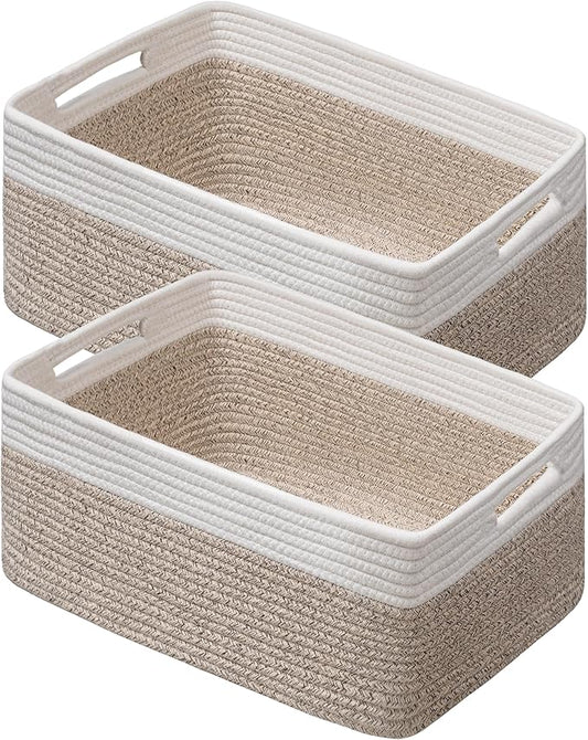UBBCARE 2 Pack Large Woven Storage Baskets for Organizing, Clothes/Towel/Sweater Organizer for Closet, Storage Baskets Bins for Shelves, Blanket Basket, 17''Lx13''Wx7.5''H, Light Brown/White
