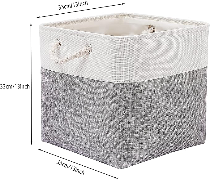 13 x 13 Inch Cube Storage Bins, 4 Pack Large Collapsible Fabric Storage Bin with Ropes, Foldable Storage Cubes for Home, Office,Closet, Clothes, Toys Organizer (White & Grey)