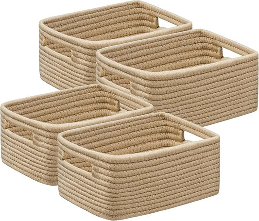 UBBCARE 4 Pack Small Basket, Woven Storage Basket for Oganizing, Small Gift Basket, Dog Toy Basket, Cute Decorative Cotton Rope Basket Storage Bins, 12''Lx8''Wx4.7''H, Brown