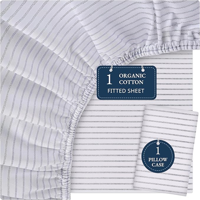 LANE LINEN Twin XL Fitted Sheet, 100% Organic Cotton 2-Piece Set (1 Fitted Sheet, 1 Pillowcase), Percale Weave, Bottom Sheet, Breathable, Fits Mattress Upto 15" Deep - Ticking Stripe (No Flat Sheet)