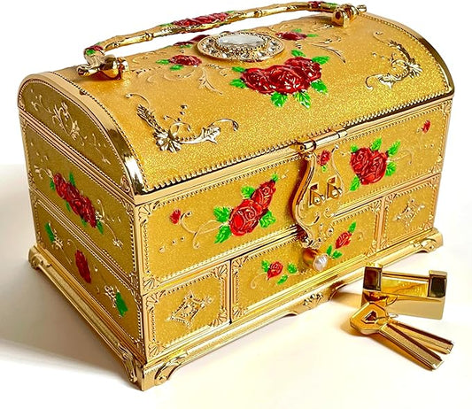 Retro Jewelry Box Arched Vintage Rectangular Metal Chest Necklace Ring Earrings Storage Case for Women Girls (Golden Starlight Yellow, XL Lock)