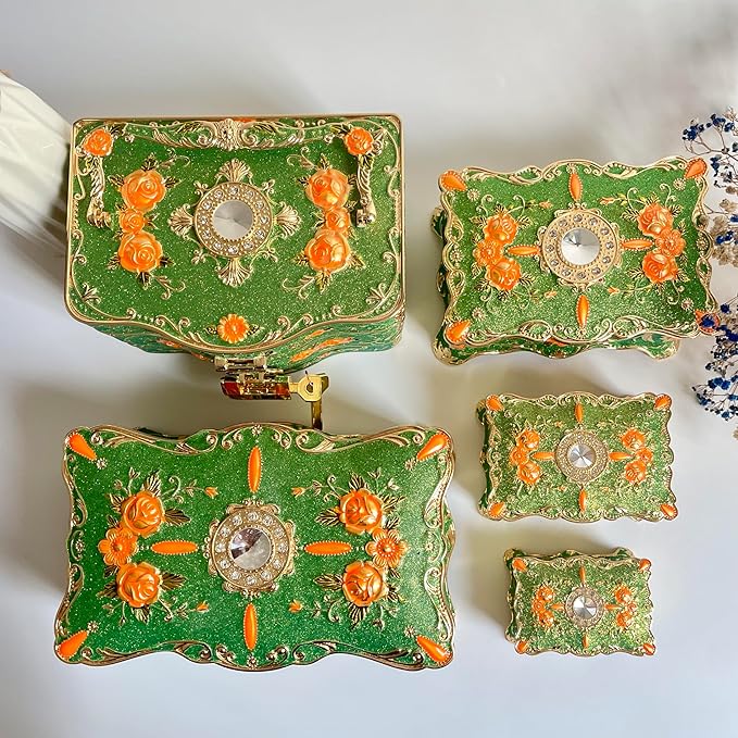 Truewon Jewelry Chest Rose Pastoral Style Metal Box Trinket Vintage Trinket Gemstone Storage Tray Treasure Souvenir Gift Case for Girls Women (Golden Starshine Green, Large)