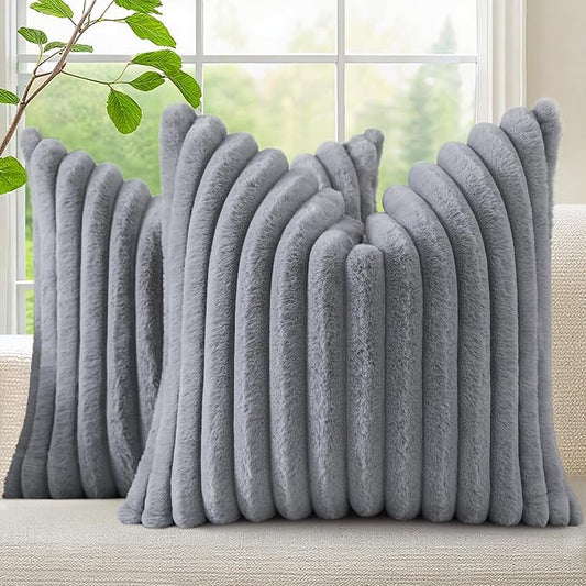 decorUhome Faux Fur Spring Throw Pillow Covers 18x18 Set of 2, Decorative Soft Plush Striped Neutral Couch Pillow Covers with Velvet Back for Sofa, Bed, Living Room Home, Grey