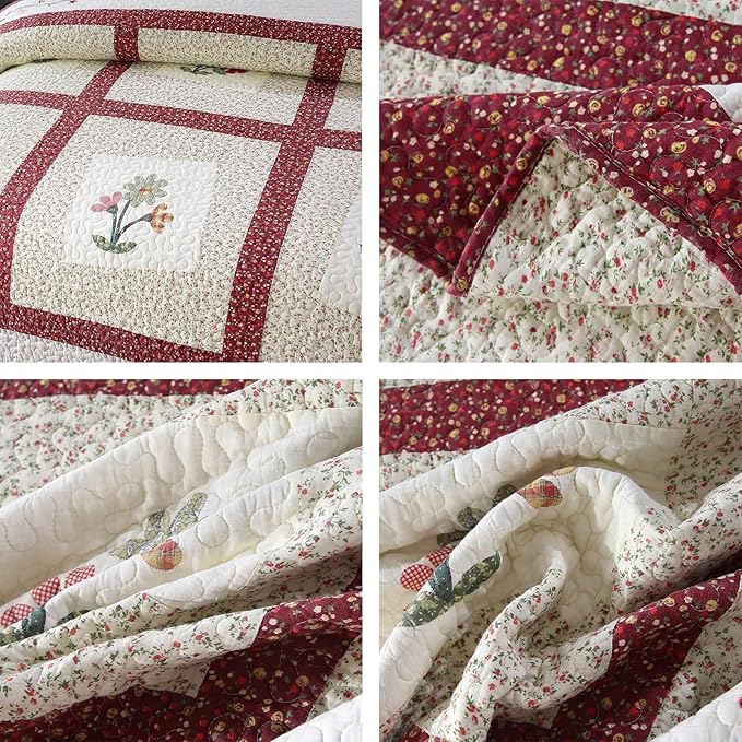vctops Christmas Red 2 Piece Embroidered Floral Quilted Bedspread Quilt Set 100% Cotton Reversible Patchwork Coverlet Set 1 Quilt and 1 Pillow Sham (Red,Twin)