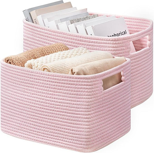 UBBCARE 2 Pack Shelf Baskets, Larger Woven Storage Baskets for Organizing(14.5''L x 9.84''W x 9''H), Basket Organizer for Dog Toys, Books, Clothes, Large Gift Basket, Pink