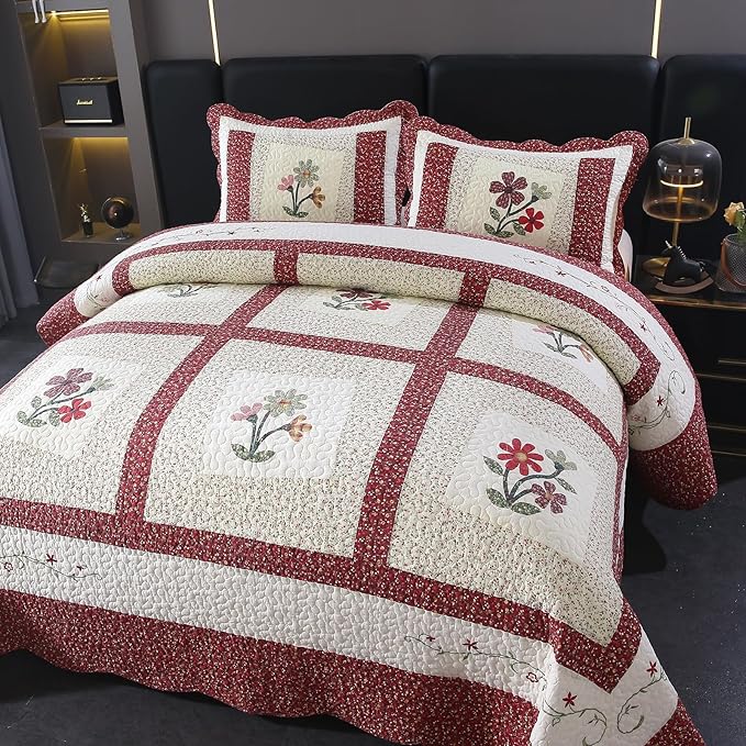vctops Christmas Red 2 Piece Embroidered Floral Quilted Bedspread Quilt Set 100% Cotton Reversible Patchwork Coverlet Set 1 Quilt and 1 Pillow Sham (Red,Twin)