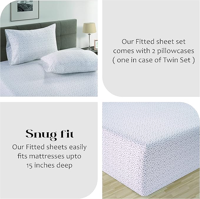 LANE LINEN King Size Fitted Sheet, 100% Organic Cotton, 3-Piece Set (1 Fitted Sheet,2 Pillowcases), Percale Weave, Ultra Soft, Breathable,Fits Mattress Upto 15" Deep - White(Grey Dot)(No Flat Sheet)