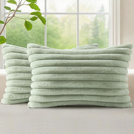 decorUhome Faux Fur Spring Throw Pillow Covers 12x20 Set of 2, Decorative Soft Plush Striped Lumbar Neutral Couch Pillow Covers with Velvet Back for Sofa, Bed, Living Room Home, Sage Green