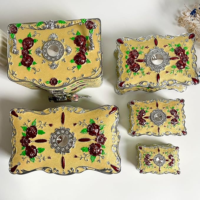 Truewon Jewelry Chest Rose Pastoral Style Metal Box Trinket Vintage Trinket Gemstone Storage Tray Treasure Souvenir Gift Case for Girls Women (Chrome Starshine Yellow, Large)