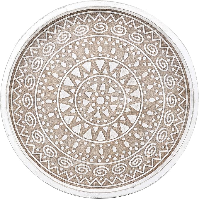 Boho Round Wooden Decorative Tray, White Farmhouse Candles Tray for Home Decor, A Pattern