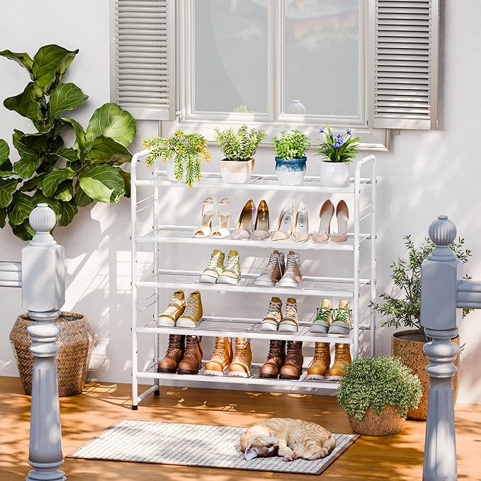 SUFAUY 33" Wide Shoe Rack, 5 Tier Shoe Storage Rack for 24-30 Pairs of Shoes, Shoe Organizer for Entryway, Steel Frame, Industrial, White