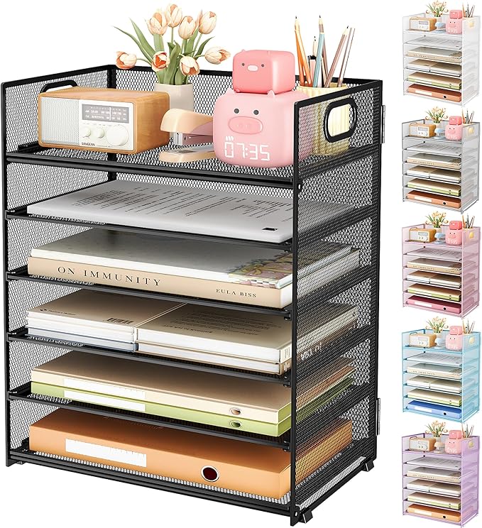 Subekyu 6 Tier Paper Organizer for Desk with Handle, Metal Mesh Desk Office File Folder Paper Letter Tray Accessories Organizer Sorter for Home, School, Office Desktop Document Organization - Gray