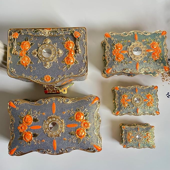 Truewon Jewelry Chest Rose Pastoral Style Metal Box Trinket Vintage Trinket Gemstone Storage Tray Treasure Souvenir Gift Case for Girls Women (Golden Starshine Bluish Violet, Extra Large)