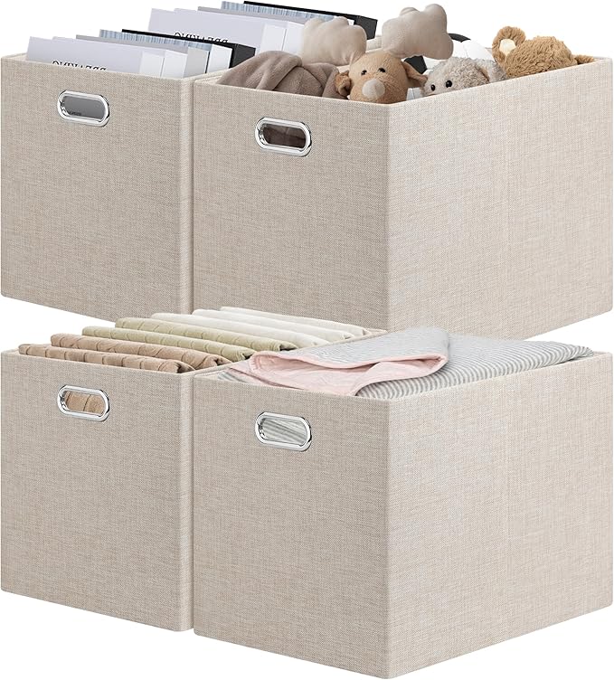 Posprica 15.12"x12.13"x12.01" Storage Cube Bins, Linen Decorative Closet Storage Organizer for IKEA Kallax, 4 Pack Fabric Foldable Large Storage Baskets for Closet, Shelves, Clothes, Toy (Beige)