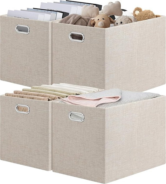 Posprica 15.12"x12.13"x12.01" Storage Cube Bins, Linen Decorative Closet Storage Organizer for IKEA Kallax, 4 Pack Fabric Foldable Large Storage Baskets for Closet, Shelves, Clothes, Toy (Beige)
