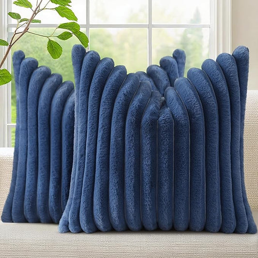 decorUhome Faux Fur Spring Throw Pillow Covers 26x26 Set of 2, Decorative Soft Plush Striped Neutral Couch Euro Sham Pillow Covers with Velvet Back for Sofa, Bed, Living Room Home, Blue