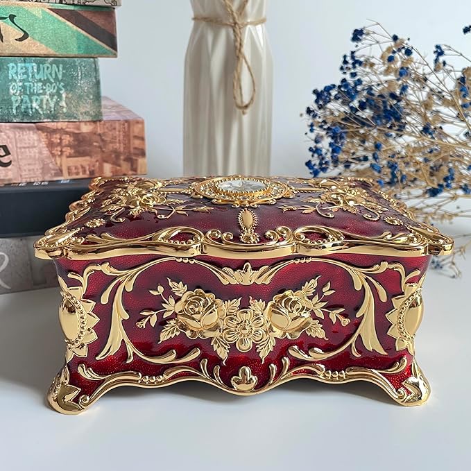 Truewon Jewelry Chest Rose Pastoral Style Metal Box Trinket Vintage Trinket Gemstone Storage Tray Treasure Souvenir Gift Case for Girls Women (Golden Red, Large)