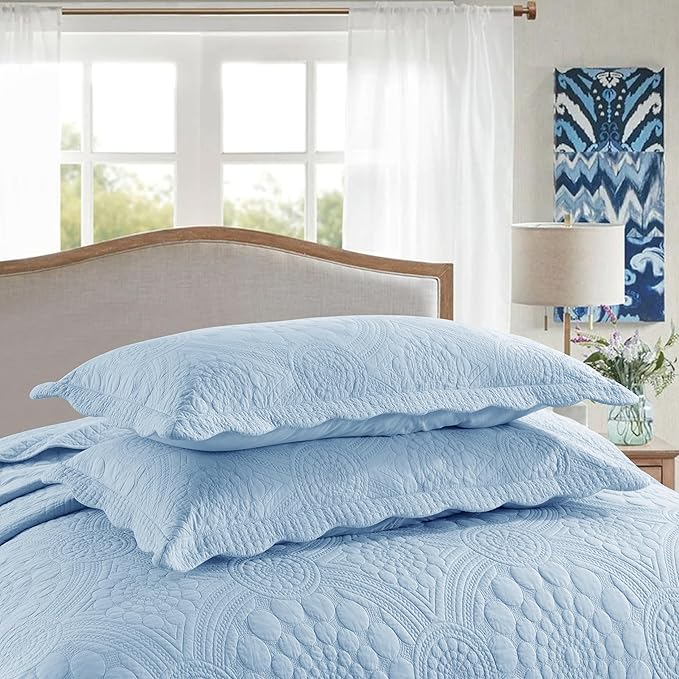 MarCielo 3-Piece 100% Cotton Oversized Bedspread Lightweight Quilt Coverlet Embroidery Farmhouse Bedding Set (Tf Light Blue, Oversized King (118"x106"))