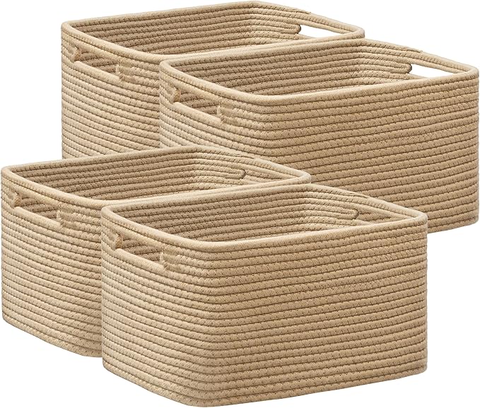 UBBCARE 4 Pack Storage Basket for Shelves, Woven Baskets for Organizing, Durable Organizer Baskets Storage Bins for Bookshelf, Toys, Towels, Clothes, 13''Lx9''Wx7.5''H, Brown