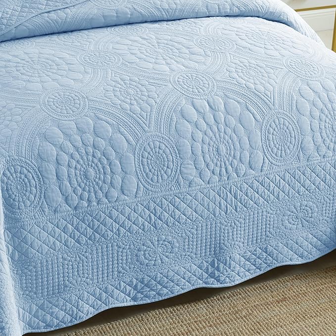 MarCielo 3-Piece 100% Cotton Oversized Bedspread Lightweight Quilt Coverlet Embroidery Farmhouse Bedding Set (Tf Light Blue, Oversized King (118"x106"))