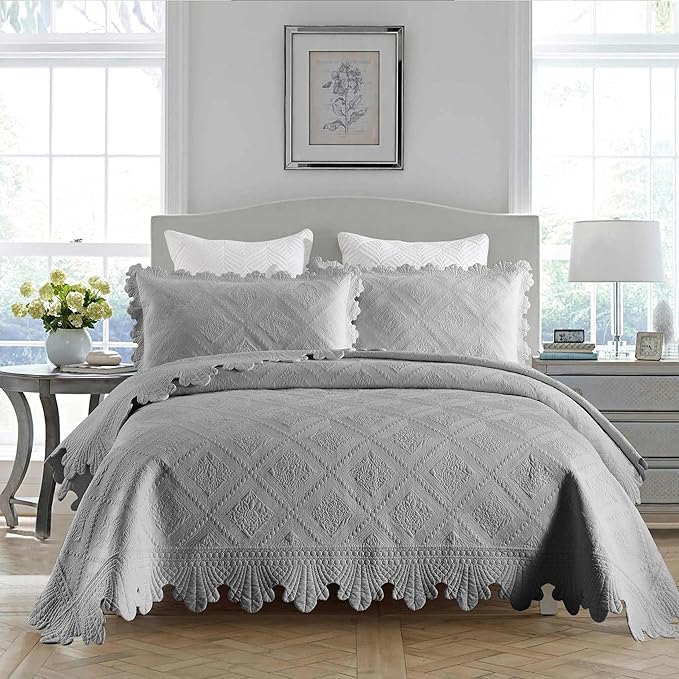 MarCielo 3-Piece 100% Cotton Oversized Bedspread Lightweight Quilt Coverlet Embroidery Farmhouse Bedding Set (Tk Light Grey, Oversized King (118"x106"))
