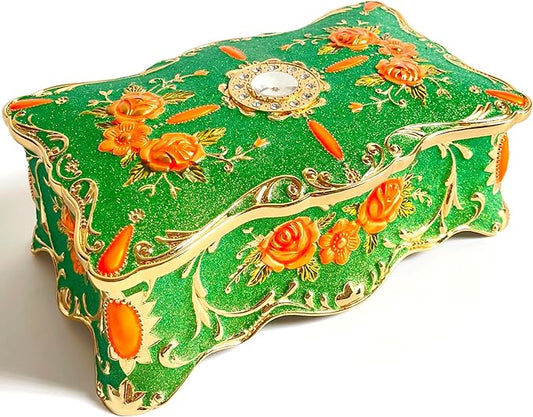 Truewon Jewelry Chest Rose Pastoral Style Metal Box Trinket Vintage Trinket Gemstone Storage Tray Treasure Souvenir Gift Case for Girls Women (Golden Starshine Green, Extra Large)