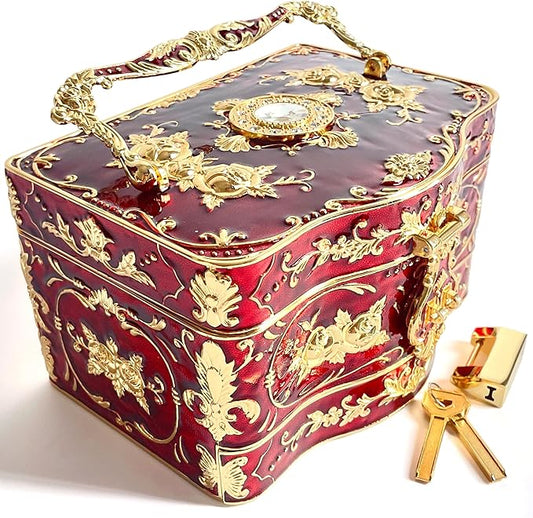 Truewon Jewelry Chest Rose Pastoral Style Metal Box Trinket Vintage Trinket Gemstone Storage Tray Treasure Souvenir Gift Case for Girls Women (Golden Red, Double Extra Large Hand-held)