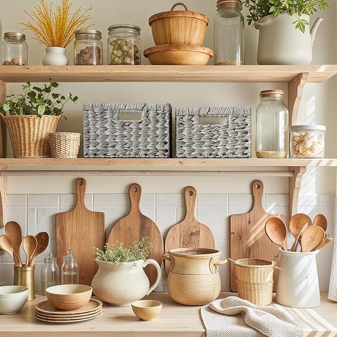 GRANNY SAYS Wicker Baskets for Organizing, Storage Basket for Shelves, Square Shelf Baskets with Handles, Waterproof Woven Basket for Living Room, Baskets for Entryway, Grey