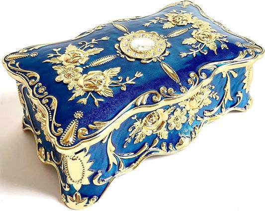 Truewon Jewelry Chest Rose Pastoral Style Metal Box Trinket Vintage Trinket Gemstone Storage Tray Treasure Souvenir Gift Case for Girls Women (Golden Blue, Extra Large)