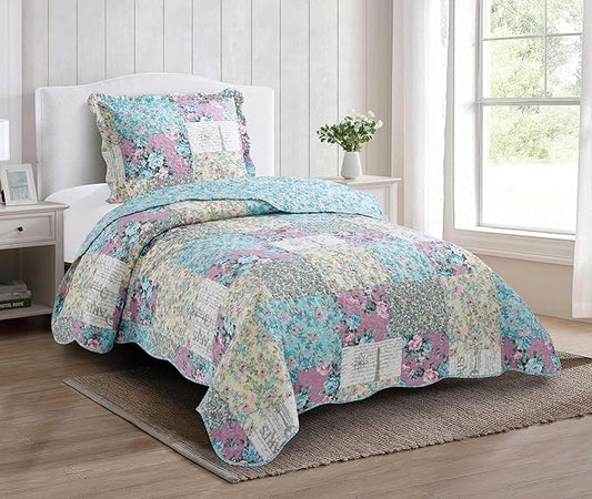 Brilliant Sunshine Lilac Rose Toile Quilt Set, 2-Piece Bedding Sets, Traditional Lively Patchwork Design, Washable, Reversible Bedspread, Soft Lightweight Coverlet, All-Season, Twin/Twin XL, Egg Blue