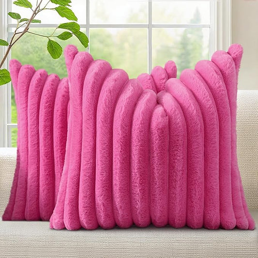 decorUhome Faux Fur Spring Throw Pillow Covers 22x22 Set of 2, Decorative Soft Plush Striped Neutral Couch Euro Sham Pillow Covers with Velvet Back for Sofa, Bed, Living Room Home, Hot Pink