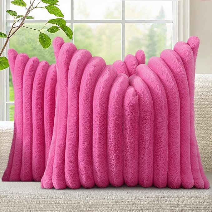 decorUhome Faux Fur Spring Throw Pillow Covers 24x24 Set of 2, Decorative Soft Plush Striped Neutral Couch Euro Sham Pillow Covers with Velvet Back for Sofa, Bed, Living Room Home, Hot Pink