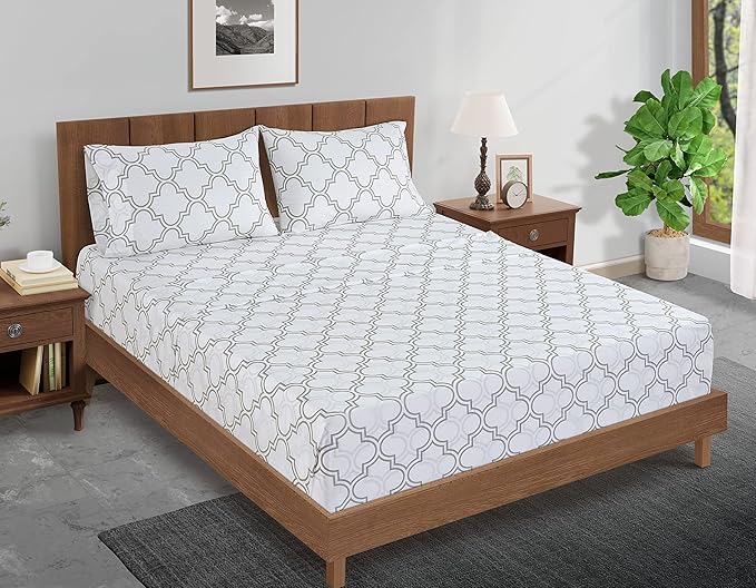 LANE LINEN Twin XL Fitted Sheet, 100% Organic Cotton 2-Piece Set (1 Fitted Sheet,1 Pillowcase),Percale Weave,Bottom Sheet, Soft, Breathable,Fits Mattress Upto 15" Deep - Trellis Silver(No Flat Sheet)