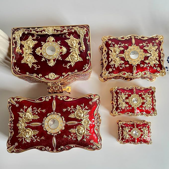 Truewon Jewelry Chest Rose Pastoral Style Metal Box Trinket Vintage Trinket Gemstone Storage Tray Treasure Souvenir Gift Case for Girls Women (Golden Red, Double Extra Large Hand-held)