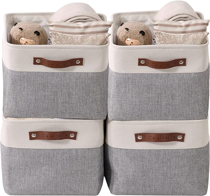 DECOMOMO Storage Baskets for Shelves - Fabric Closet Organizers and Storage Bins, Perfect Baskets for Organizing Closet Toys Nursery (Grey and White, Large - 4 Pack)