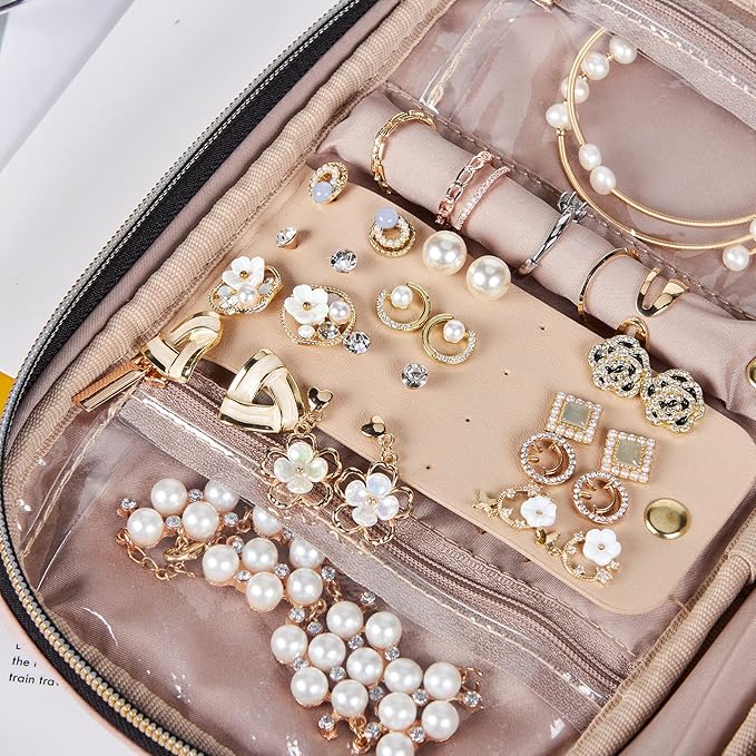 NISHEL Travel Jewelry Case, Holiday Organizer for Necklaces, Earrings, Rings, Bracelets, Watch, Pink