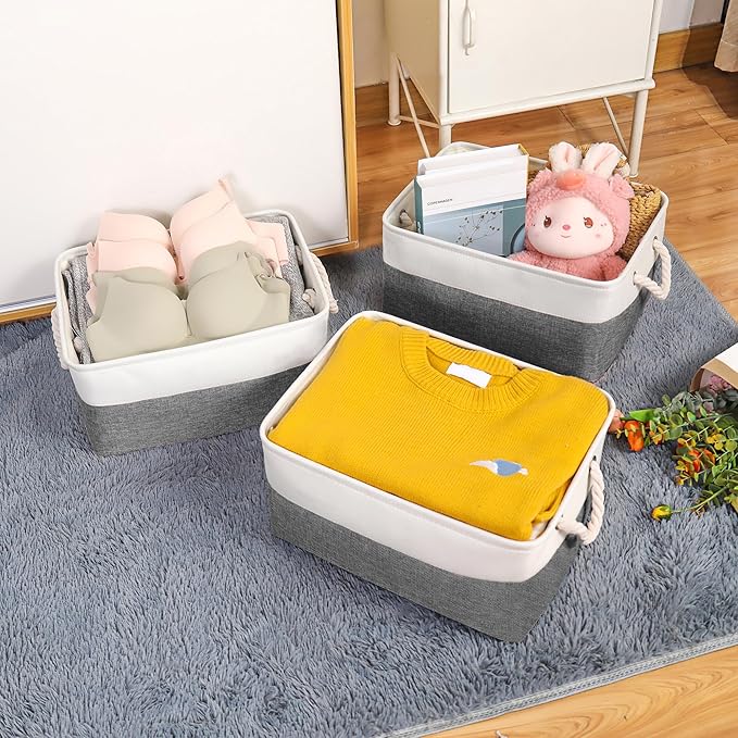 Storage Bins with Sturdy Cotton Handles(1 Pack), Fabric Storage Baskets for Organizing use for Office & Home, Book, Clothes, Toys, Closet Boxes (Small, Grey-White, 12.2x8.3x6.3 inches)