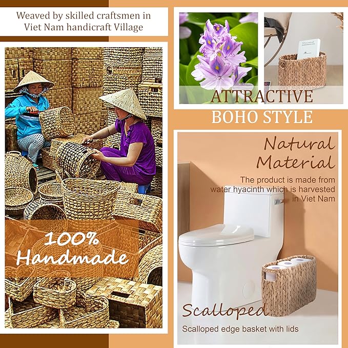 Wicker Toilet Paper Storage Holder with Built-in Handles, Toilet Paper Holder for up to 6 Mega Rolls, Water Hyacinth Toilet Paper Baskets Bathroom Accessories Organizer