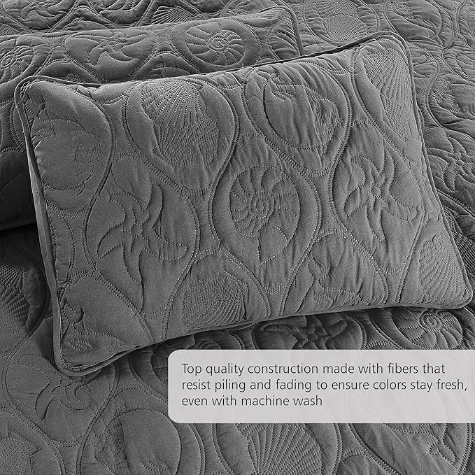 Pure Bedding Quilt Set King/Cal King/California King Size Dark Grey - Oversized Bedspread - Microfiber Coverlet - Includes 1 Quilt and 2 Shams, Ocean Star Pattern